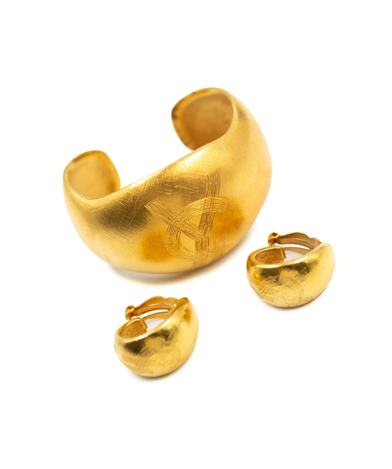 Yves Saint Laurent YSL Vintage Gold Bangle and Earrings Set - AWC1745
