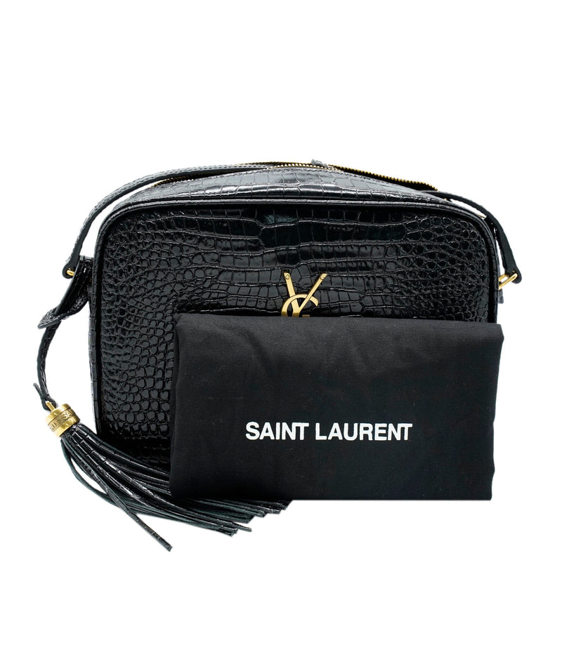 Saint Laurent Crocodile Embossed Lou Camera Bag in Black